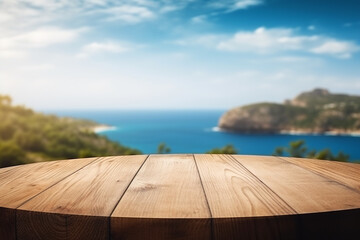 Fototapeta premium Wooden table on the background of the sea, island and the blue sky. 
