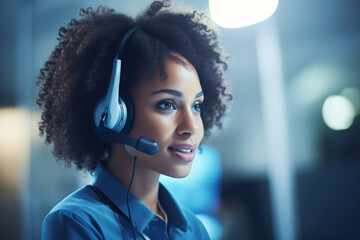 Young operator afro woman agent with headsets working in a call centre call center service. white interior .