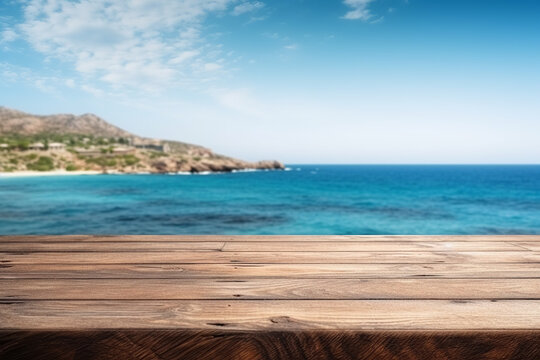 Wooden table on the background of the sea, island and the blue sky. 