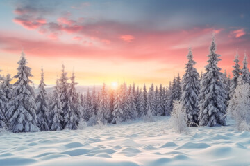The fir tree forest is covered with snow in the winter season, shining on the light of the morning glow in beautiful sunrise sky and clouds. landscape concept suitable for nature and season. - obrazy, fototapety, plakaty