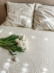 A large bouquet of white tulips is lying on the bed, on white bed linen. Birthday surprise, Valentine's Day, International Women's Day