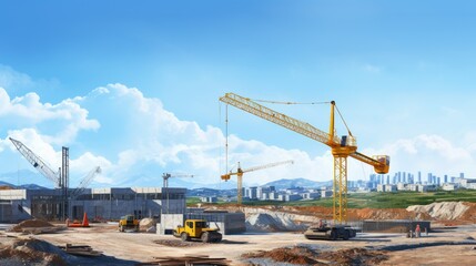Fototapeta na wymiar Crane and building construction site on blue sky background