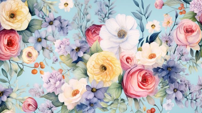 Watercolour floral pattern. elegant luxury blue wallpaper