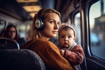 Mother and child in a public bus. AI generative