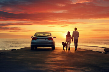cute family and car on road at the sea