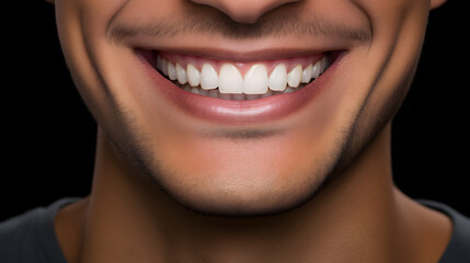 A beautiful young man laughing happily. Mouth detail, dental health or dental clinic concept. Generative AI