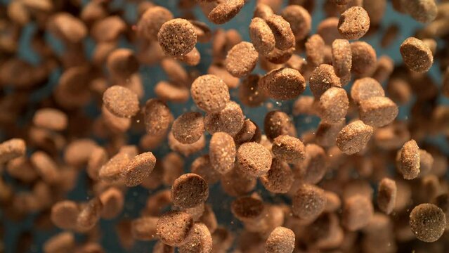 Super Slow Motion Shot of Dog Food Flying Towards Camera on Dark Background at 1000fps.