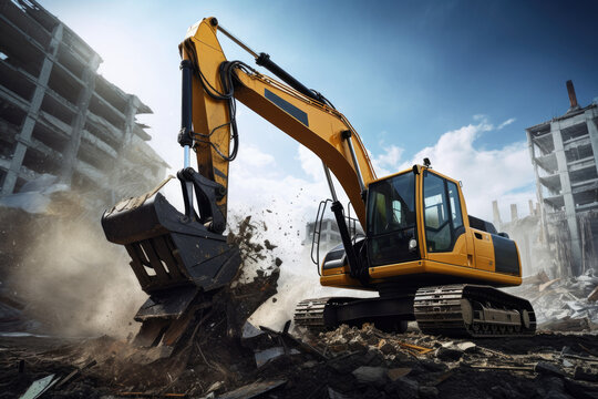 yellow excavator loader machine at demolition construction site