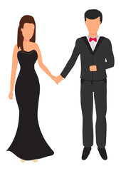 Flat vector illustration of man wearing suit and woman in black gown.
