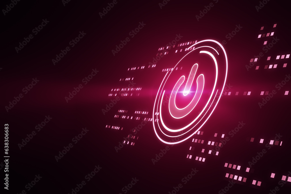 Aufkleber Glowing digital pink power button on dark background. Computer and technology concept. 3D Rendering.