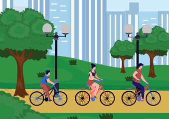 Flat illustration of family riding cycle in the park.
