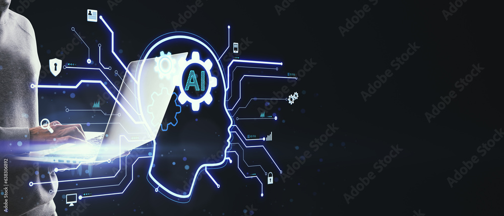 Poster Close up of hands using laptop computer with glowing head outline, ai circuit and other icons on wide black background with mock up place. Artificial intelligence and chat gpt concept.