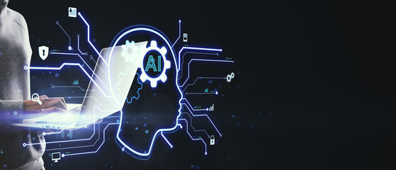 Close up of hands using laptop computer with glowing head outline, ai circuit and other icons on wide black background with mock up place. Artificial intelligence and chat gpt concept.