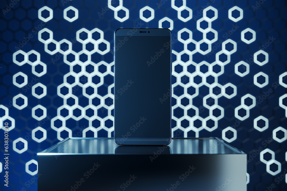 Poster Empty cellphone screen on pedestal with mock up place and blue hexagonal background. Creative presentation concept. 3D Rendering.