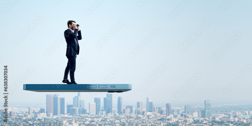 Poster User experiences for mobile concepts. Young man with telescope standing on huge flying smartphone on wide bright blue sky background with mock up place.