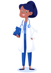 Vector illustration of young female doctor in white coat holding clipboard in hand and stethoscope in neck.

