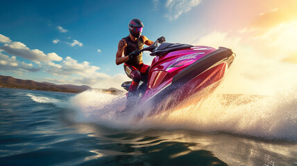 Man makes jump on a jet-ski. Sunset colors. 
