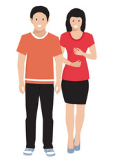 Vector of couple men in orange t-shirt and women in red top and heel shoes.
