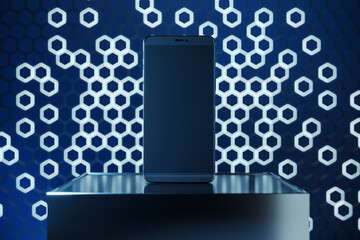 Empty cellphone screen on pedestal with mock up place and blue hexagonal background. Creative...