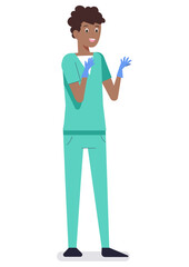 Vector illustration of hospital staff boy wearing gloves in hands.
