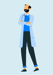 Flat illustration of bearded male doctor with stethoscope in neck standing in front of blue background. 