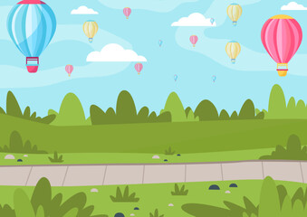 Vector illustration of colorful hot air balloons flying in the blue sky with nature background.
