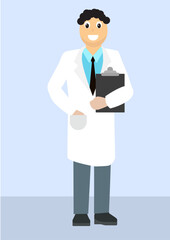 Flat illustration of male doctor holding prescription pad in hand on blue background.
