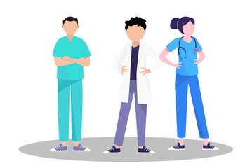 Flat vector illustration of medical staff team of doctors and ward boy. Medical concept.
