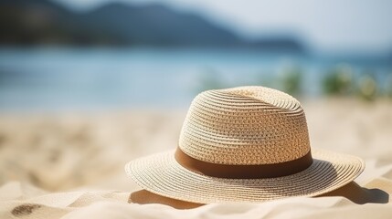 straw hat on the beach - cummer holiday concept (Generative AI)
