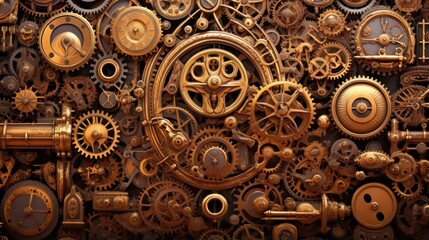 Steampunk-inspired gadgets and gears arranged in an intricate mechanical pattern | generative AI