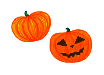 Two pumpkins isolated on a white background. One has a Halloween face cut out. Triangular eyes and nose. Mouth zigzag. Both vegetables are orange in color, have stripes and a green bud.