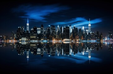 Fototapeta na wymiar Panoramic skyline and modern commercial buildings, cityscape at night reflection on the water. Generative AI