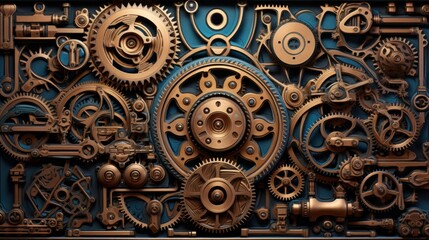 Steampunk-inspired gadgets and gears arranged in an intricate mechanical pattern | generative AI - obrazy, fototapety, plakaty