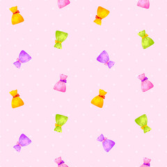 Seamless pattern sweet candy colorful flat. Pink background dot hand drawn purple yellow green gift wrapping paper print festive fun kid cute design banner store textile decorative postcard cover