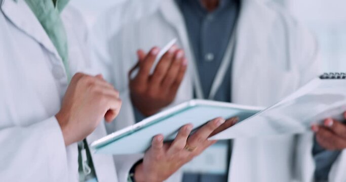 Scientist hands, teamwork and tablet and documents for research, vaccine results and test information and checklist. Medical, doctors or science people with digital technology and notes in laboratory