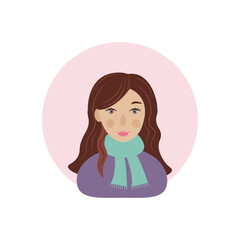 A girl with brown hair. Avatar with the image of a cute girl in cartoon style. A woman in a blue sweater and a green scarf. Vector illustration
