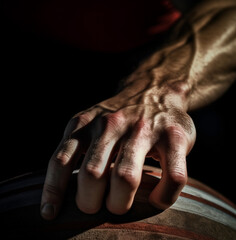 The athletes hand is gripping a weight so tightly that the veins are popping out, fitness stock photos