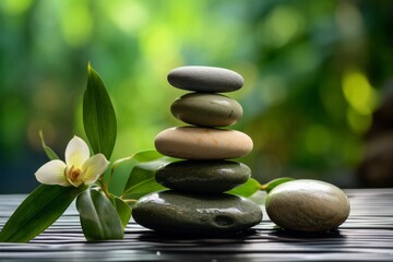 Stacked stones with wooden spa theme board, green leaves and sticks