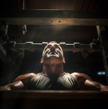 A slow-motion shot of a man bench-pressing a heavy weight, fitness stock photos