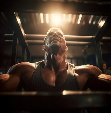 A slow-motion shot of a man bench-pressing a heavy weight, fitness stock photos