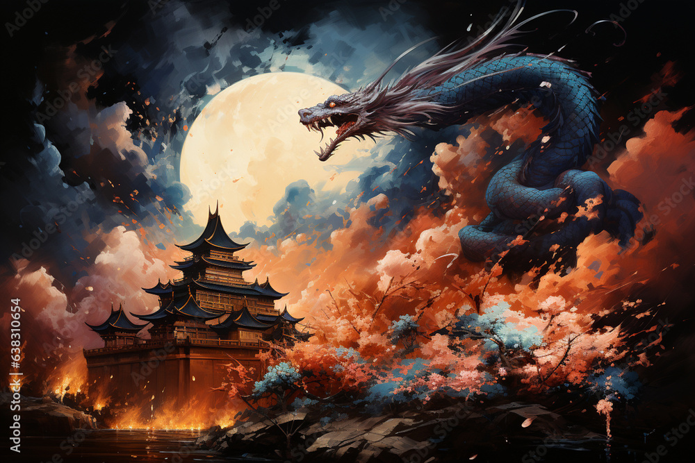 Aufkleber A New Year's dragon dances amidst a sky illuminated by a brilliant fireworks display, celebrating the transition to a new year in a burst of colors.  Generative AI technology...