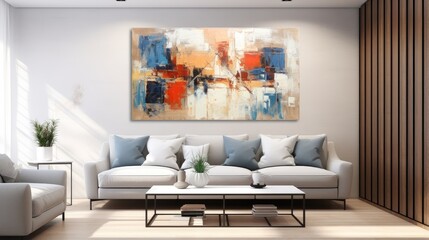 Modern living room interior with a large painting above the sofa created with Generative AI technology.