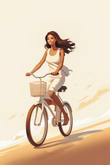 Generative AI illustration of Happy beautiful girl riding a bike with basket