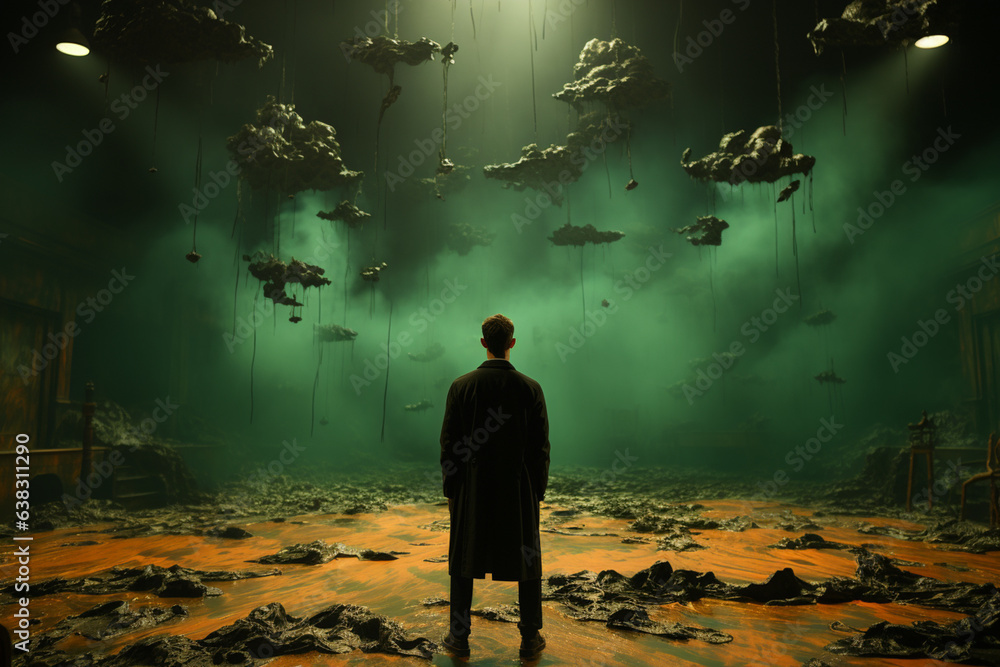 Poster Green Screen: An actor performing in front of a green screen, a key element in creating special effects and digital backdrops.  Generative AI technology...