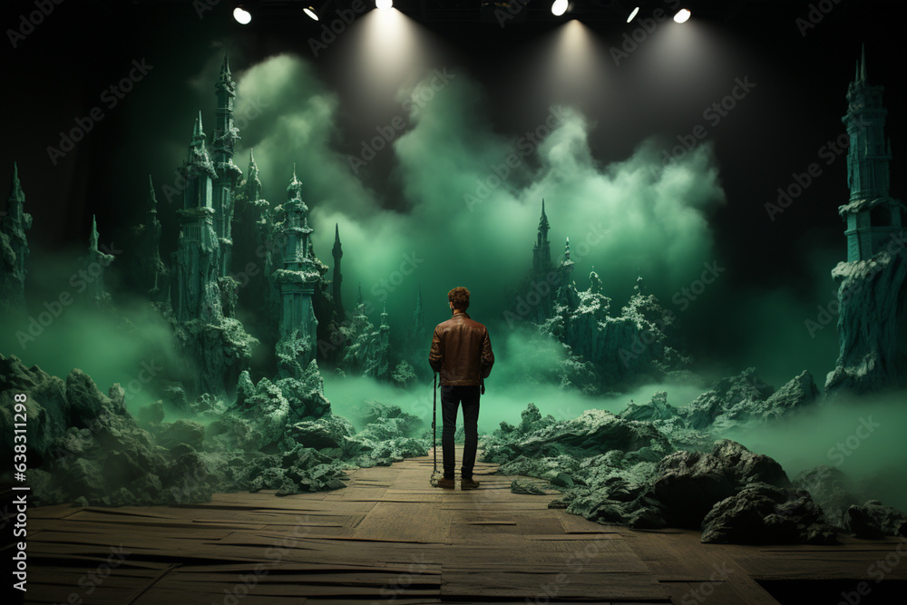 Poster Green Screen: An actor performing in front of a green screen, a key element in creating special effects and digital backdrops.  Generative AI technology...