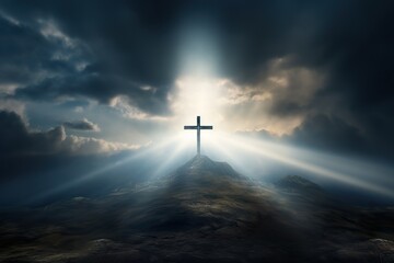 Obraz premium Holy Cross symbolizes the death and resurrection of Jesus Christ - The sky over Golgotha Hill is shrouded in mystery light and clouds
