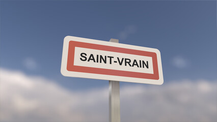 A sign at Saint-Vrain town entrance, sign of the city of Saint Vrain. Entrance to the town of Essonne.