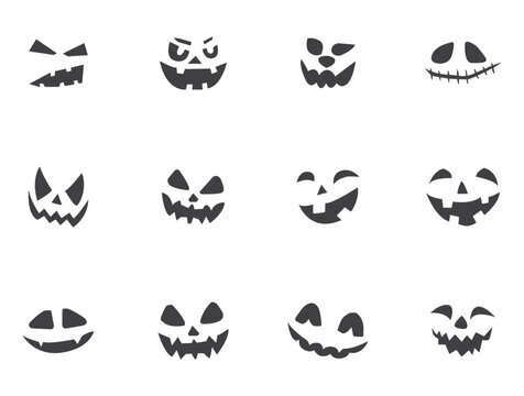 Set off Halloween pumpkins faces, scary devil face icon set, October party scary black clipart collection, spooky pumpkin facial expressions, smiling ghost face at Halloween party isolated on white. 