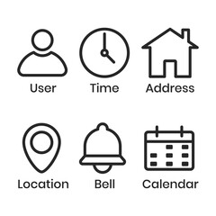 Clock Time Icon, Home Address Button, Pin Location Place, Bell Notification Reminder Icon, Date Calendar Symbol, Profile, Business Icon Set, User Interface, Official Hours, Deadline Design Elements