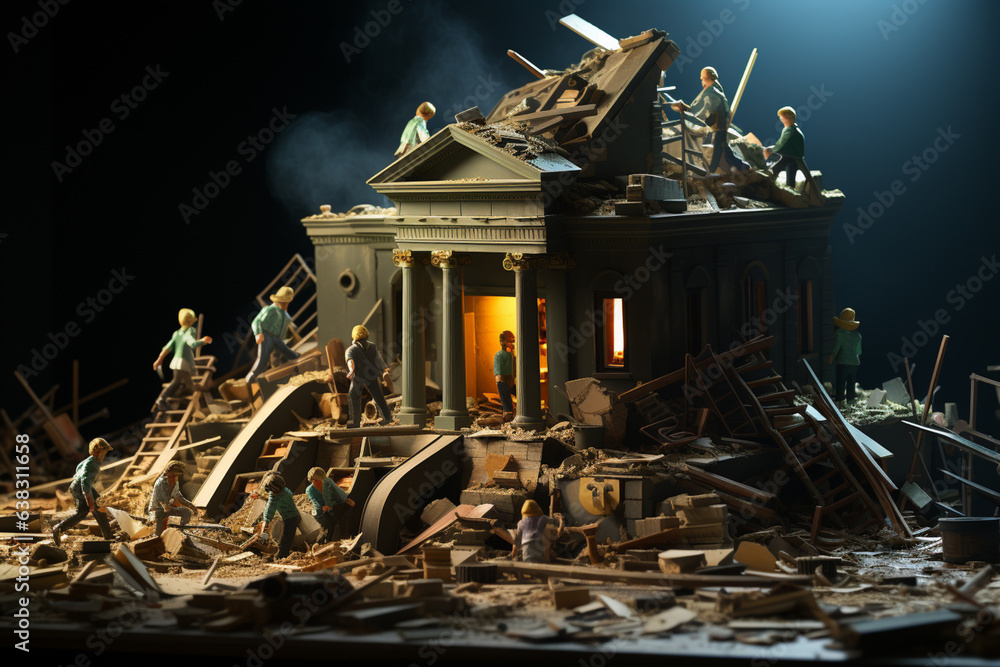 Poster bank collapse. a bank or financial institution, going down failing or collapsing generative ai techn